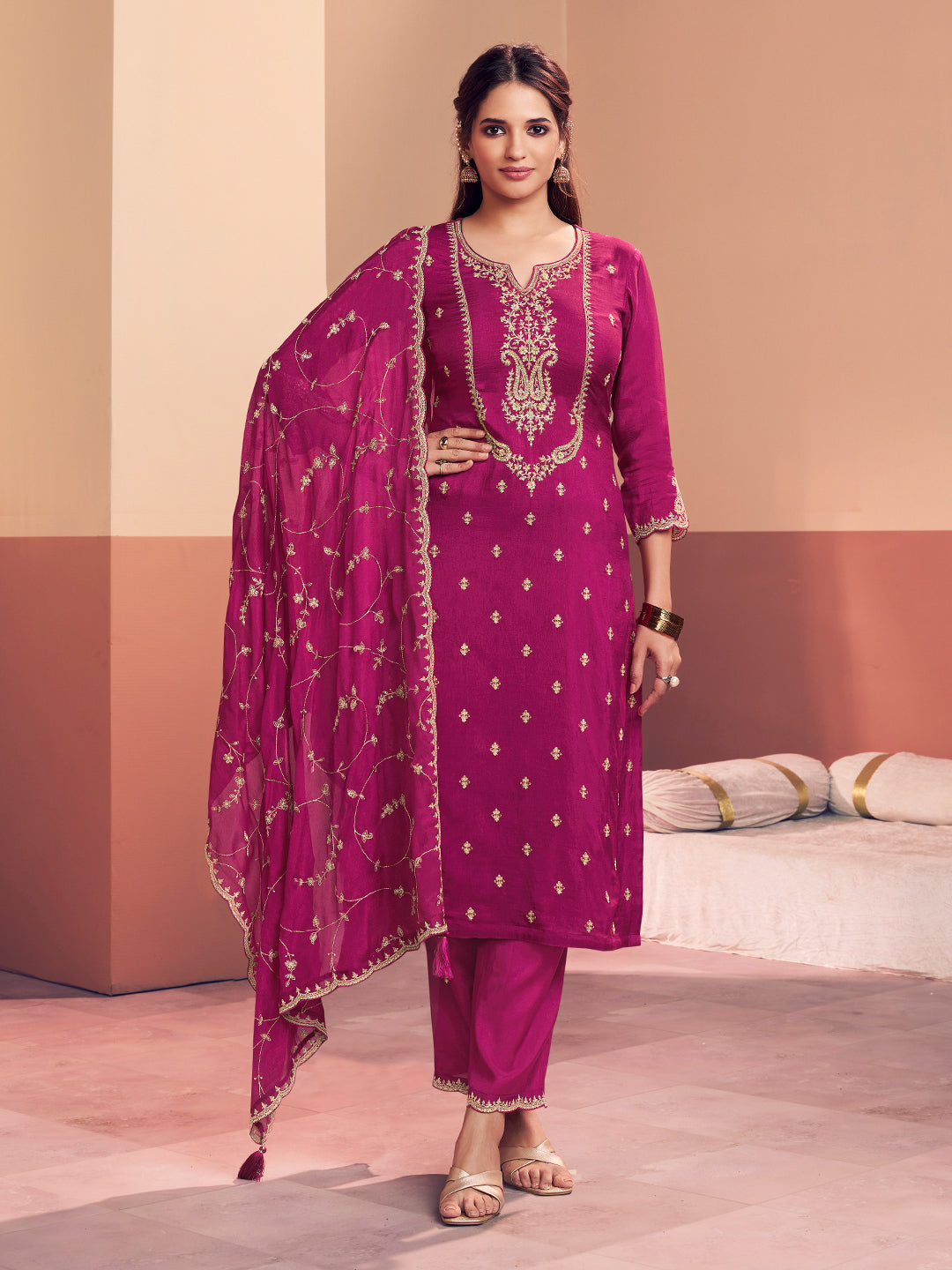 Magenta Embroidery Straight Kurta With Dyed Trousers And Embroidery Dupatta