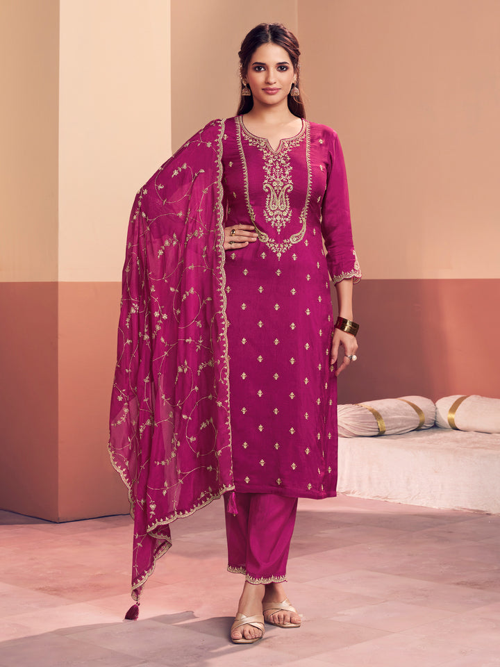 Magenta Embroidery Straight Kurta With Dyed Trousers And Embroidery Jaal Dupatta