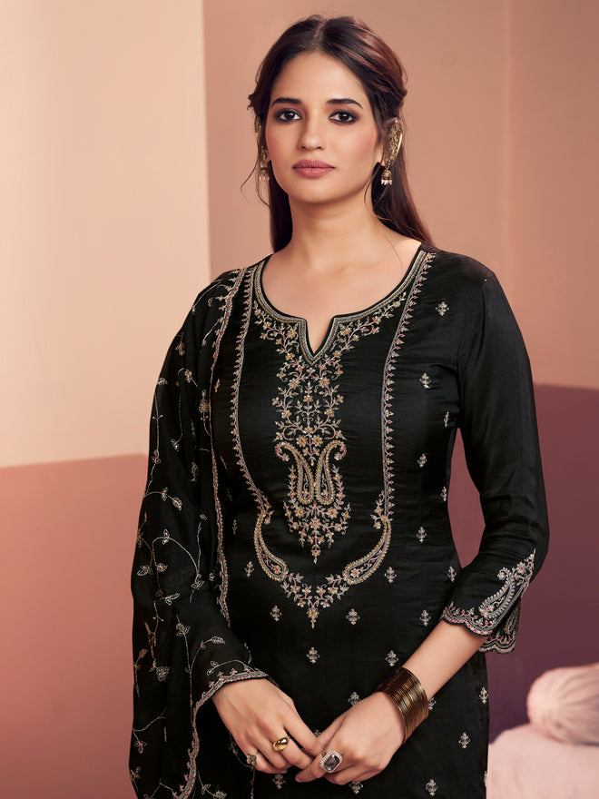 Black Embroidery Straight Kurta With Dyed Trousers And Embroidery Jaal Dupatta