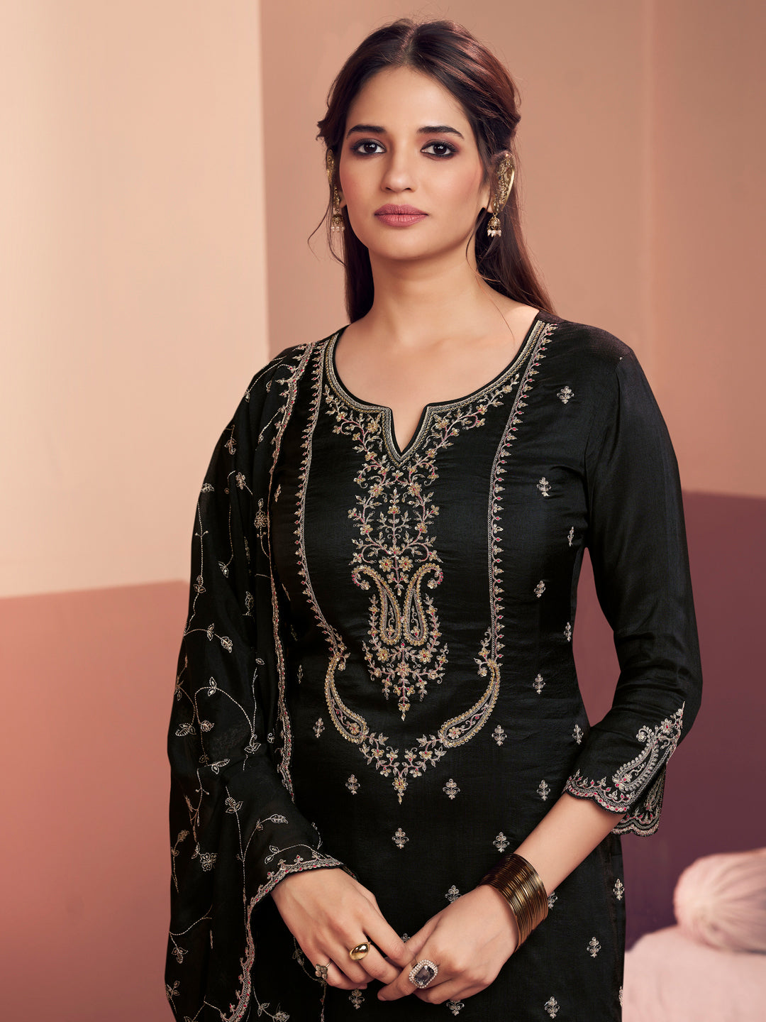 Black Embroidery Straight Kurta With Dyed Trousers And Embroidery Jaal Dupatta
