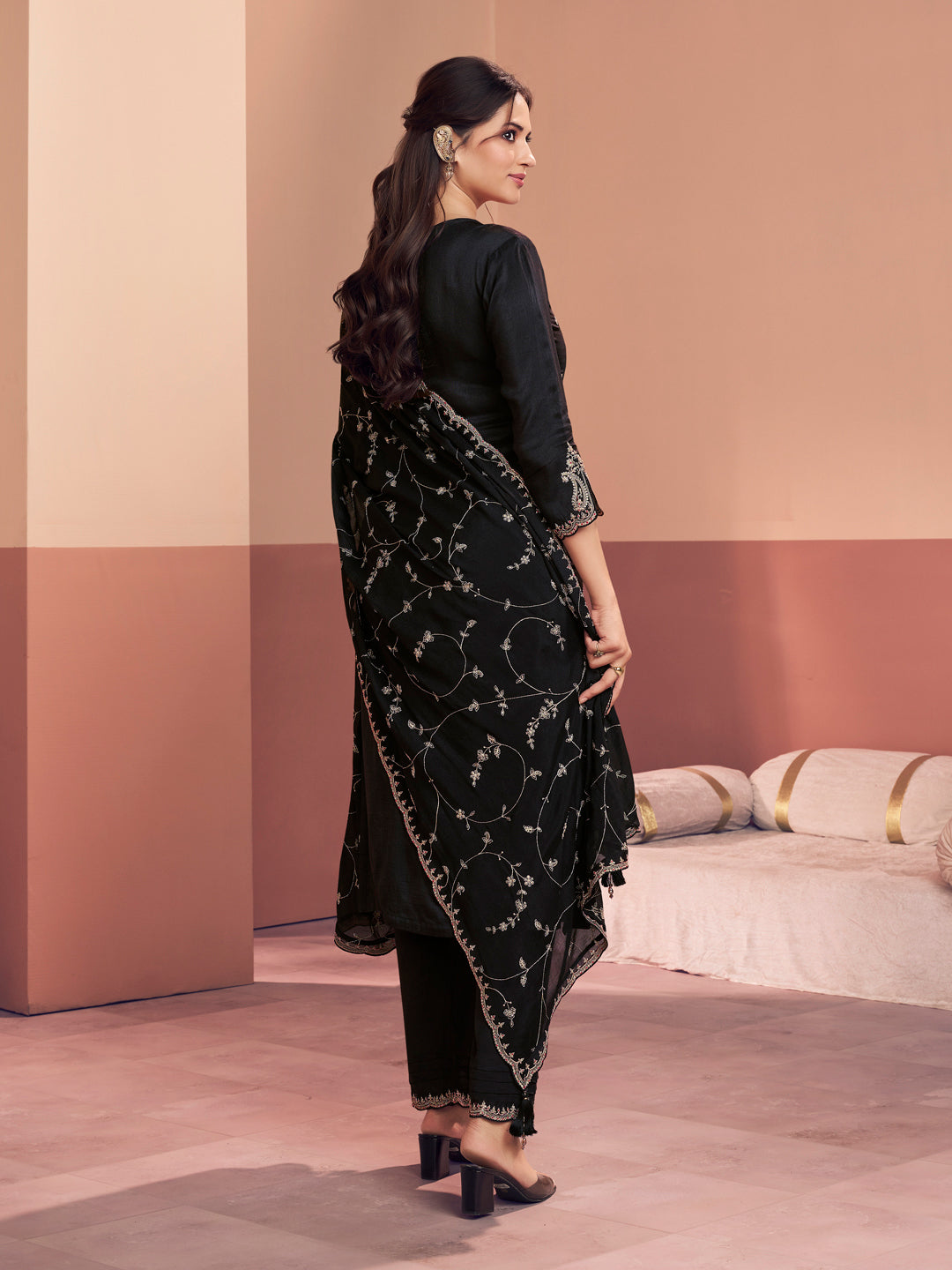 Black Embroidery Straight Kurta With Dyed Trousers And Embroidery Dupatta