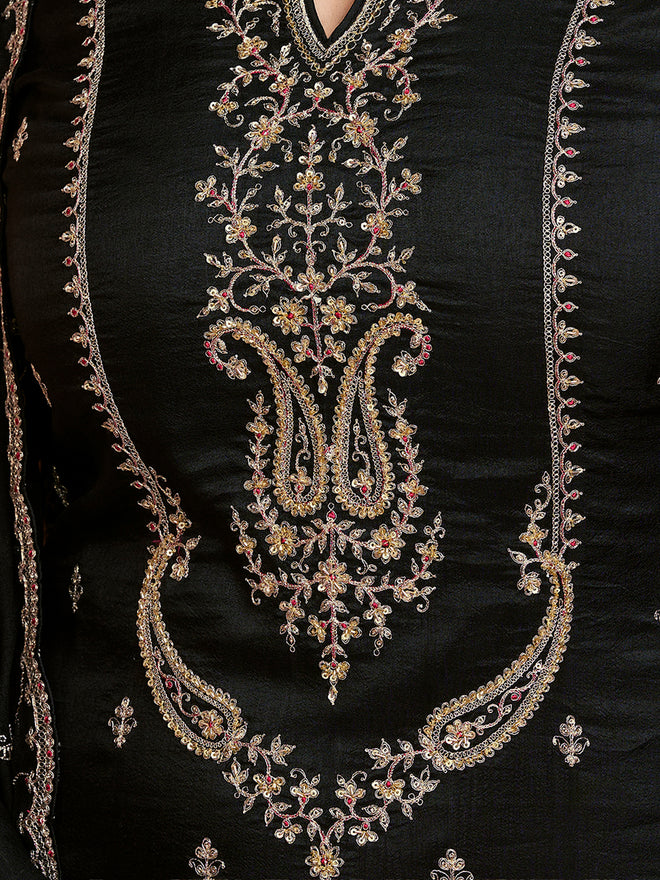 Black Embroidery Straight Kurta With Dyed Trousers And Embroidery Jaal Dupatta