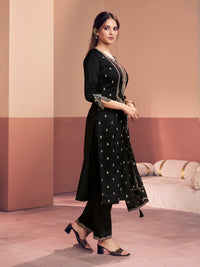 Black Embroidery Straight Kurta With Dyed Trousers And Embroidery Jaal Dupatta
