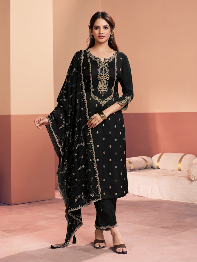 Black Embroidery Straight Kurta With Dyed Trousers And Embroidery Jaal Dupatta
