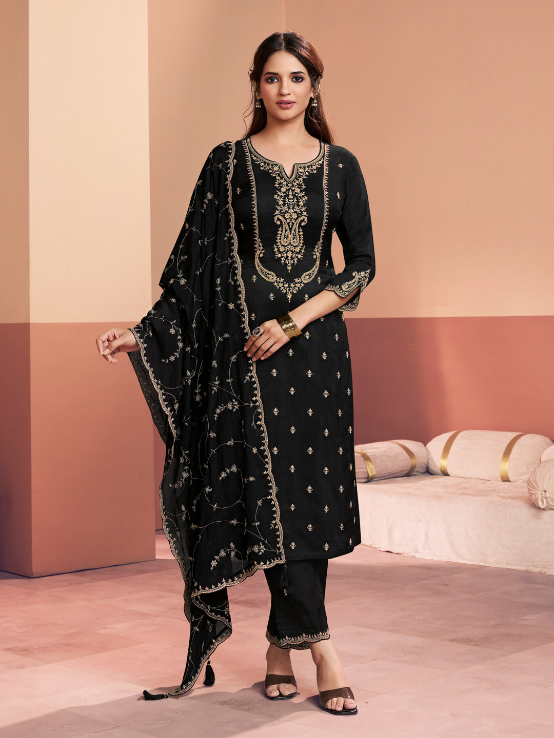 Black Embroidery Straight Kurta With Dyed Trousers And Embroidery Dupatta