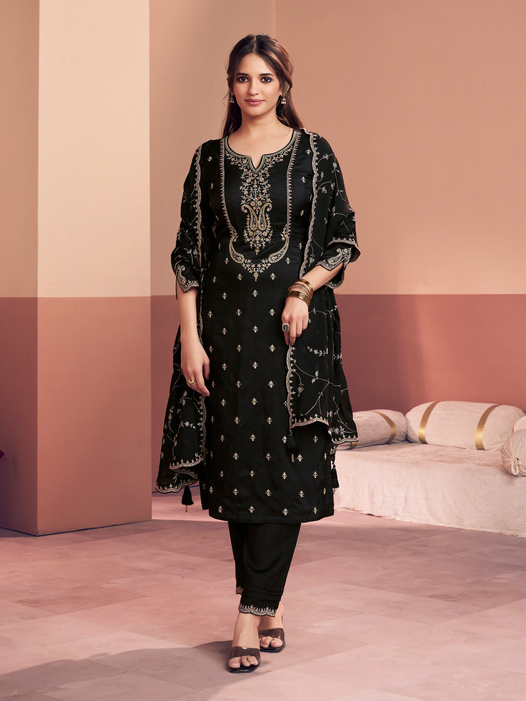 Black Embroidery Straight Kurta With Dyed Trousers And Embroidery Dupatta