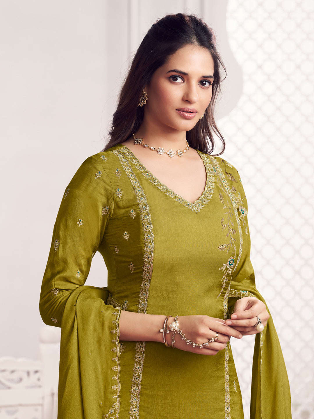 Olive Embroidery Straight Kurta With Dyed Trousers And Embroidery Dupatta