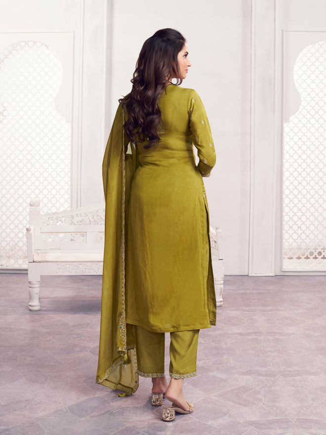Olive Embroidery With Panel Work Straight Kurta And Dyed Trousers With Embroidery Dupatta