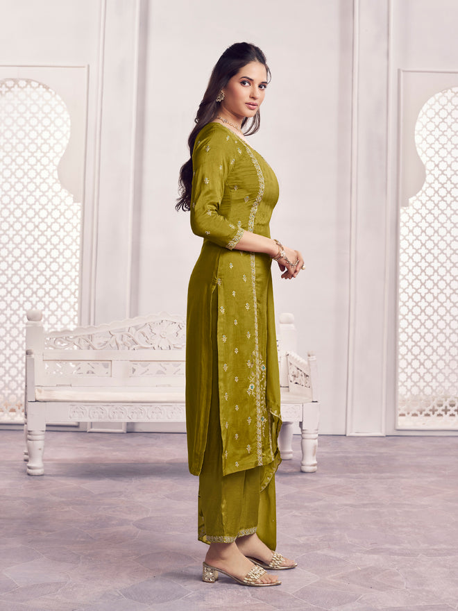 Olive Embroidery With Panel Work Straight Kurta And Dyed Trousers With Embroidery Dupatta