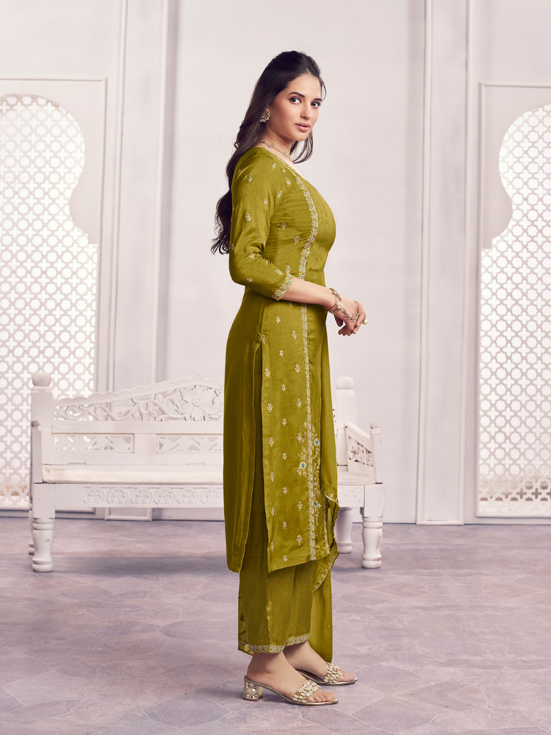 Olive Embroidery Straight Kurta With Dyed Trousers And Embroidery Dupatta