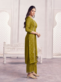 Olive Embroidery With Panel Work Straight Kurta And Dyed Trousers With Embroidery Dupatta