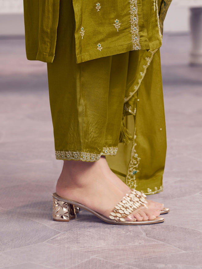 Olive Embroidery With Panel Work Straight Kurta And Dyed Trousers With Embroidery Dupatta