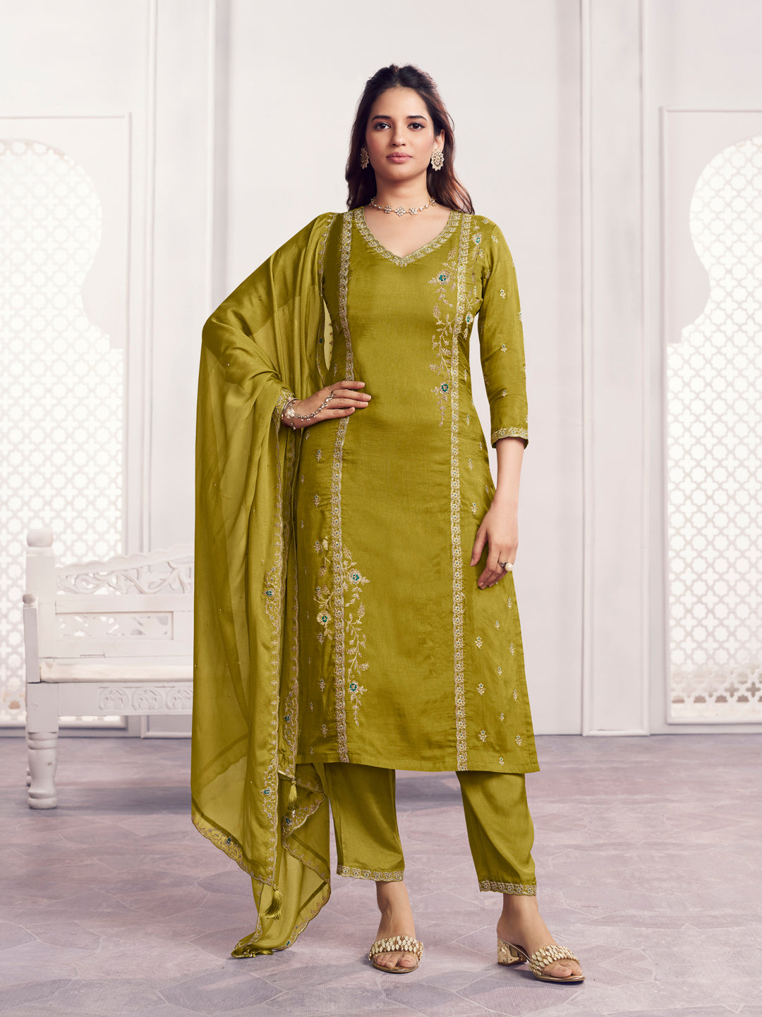 Olive Embroidery Straight Kurta With Dyed Trousers And Embroidery Dupatta