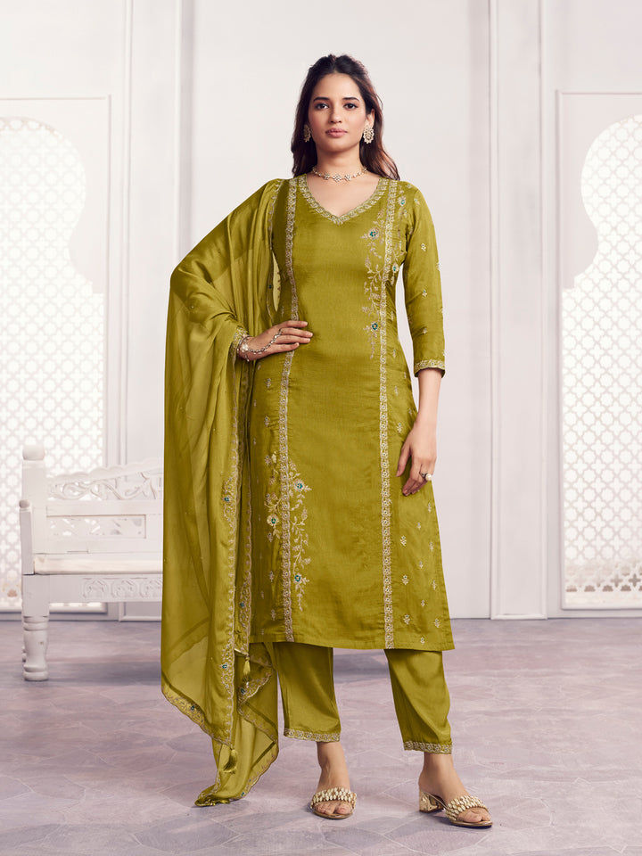 Olive Embroidery With Panel Work Straight Kurta And Dyed Trousers With Embroidery Dupatta