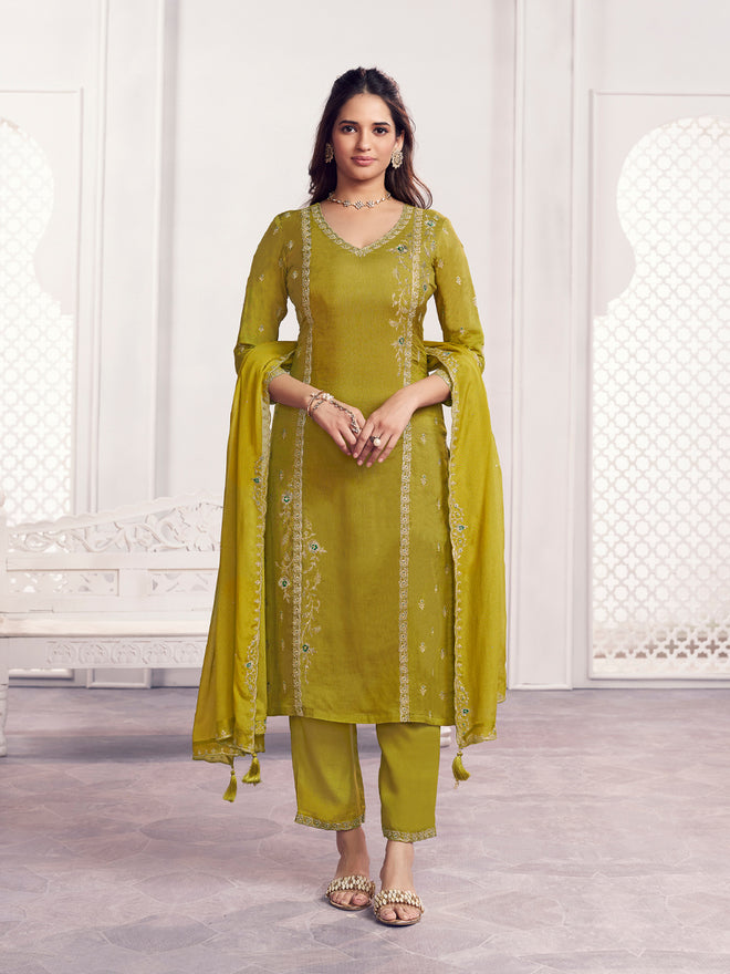 Olive Embroidery With Panel Work Straight Kurta And Dyed Trousers With Embroidery Dupatta