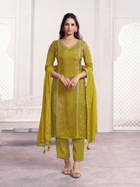 Olive Embroidery With Panel Work Straight Kurta And Dyed Trousers With Embroidery Dupatta