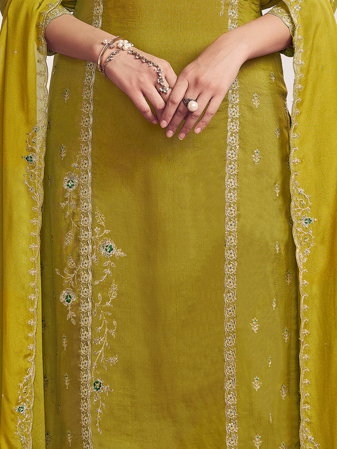Olive Embroidery With Panel Work Straight Kurta And Dyed Trousers With Embroidery Dupatta