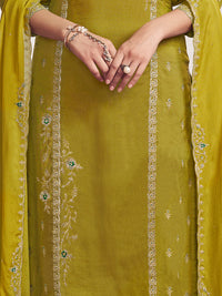Olive Embroidery With Panel Work Straight Kurta And Dyed Trousers With Embroidery Dupatta