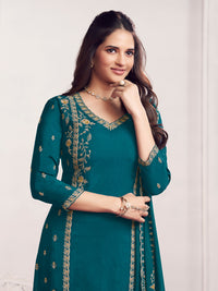 Teal Panel Embroidery Straight Kurta With Dyed Trousers And Embroidery Dupatta
