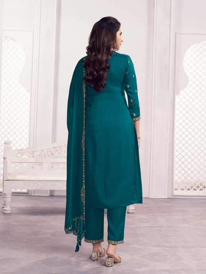 Teal Panel Embroidery Straight Kurta With Dyed Trousers And Embroidery Dupatta