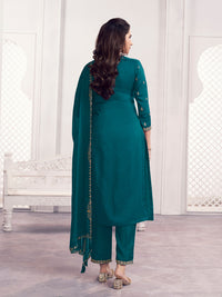 Teal Panel Embroidery Straight Kurta With Dyed Trousers And Embroidery Dupatta