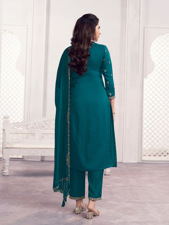 Teal Panel Embroidery Straight Kurta With Dyed Trousers And Embroidery Dupatta