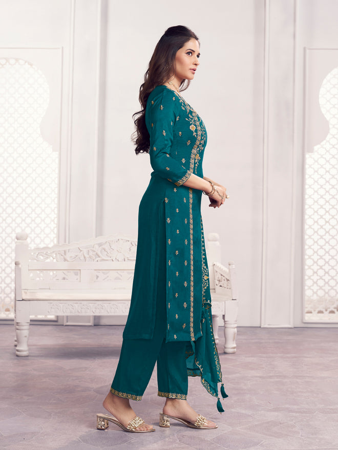 Teal Panel Embroidery Straight Kurta With Dyed Trousers And Embroidery Dupatta