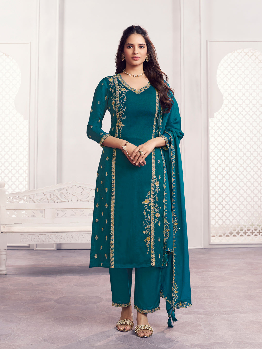 Teal Embroidery Straight Kurta With Dyed Trousers And Embroidery Dupatta