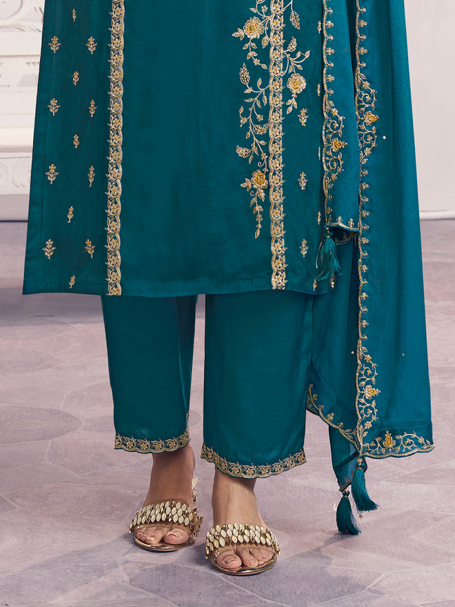 Teal Panel Embroidery Straight Kurta With Dyed Trousers And Embroidery Dupatta