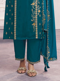 Teal Panel Embroidery Straight Kurta With Dyed Trousers And Embroidery Dupatta