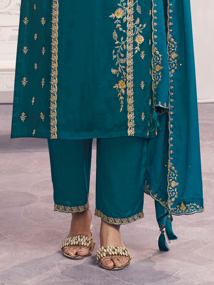 Teal Panel Embroidery Straight Kurta With Dyed Trousers And Embroidery Dupatta