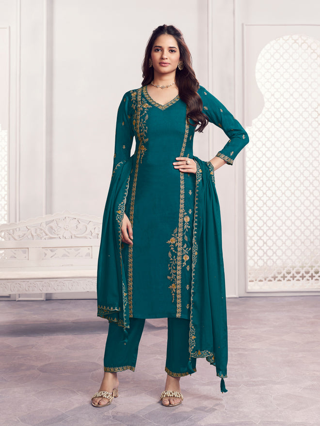 Teal Panel Embroidery Straight Kurta With Dyed Trousers And Embroidery Dupatta