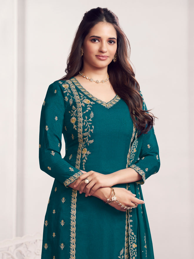 Teal Panel Embroidery Straight Kurta With Dyed Trousers And Embroidery Dupatta