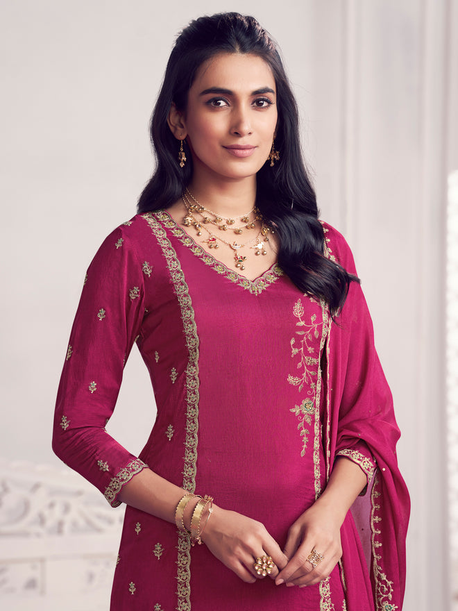 Magenta Panel Embroidery Straight Kurta With Dyed Trousers And Embroidery Boarder Dupatta