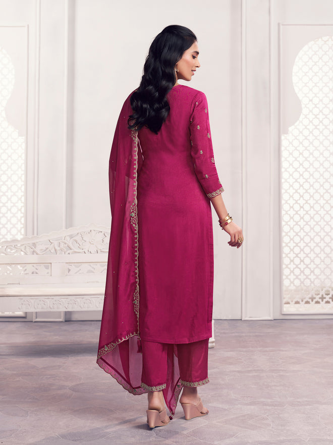 Magenta Panel Embroidery Straight Kurta With Dyed Trousers And Embroidery Boarder Dupatta