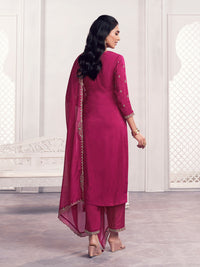 Magenta Panel Embroidery Straight Kurta With Dyed Trousers And Embroidery Boarder Dupatta