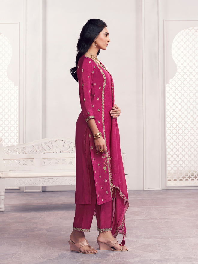 Magenta Panel Embroidery Straight Kurta With Dyed Trousers And Embroidery Boarder Dupatta