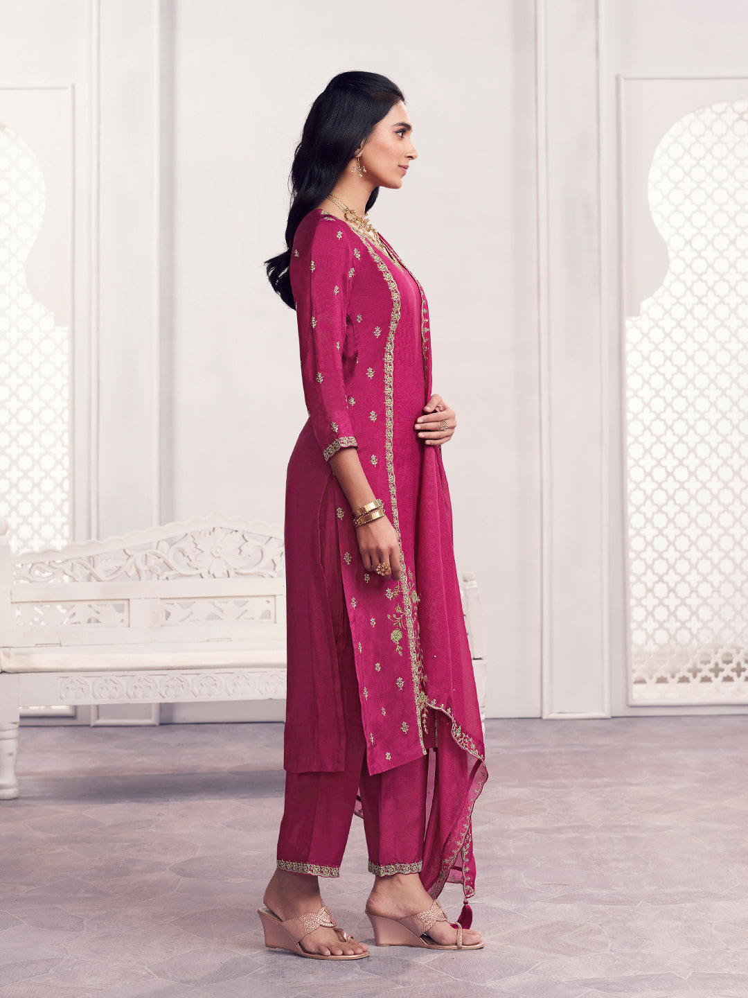 Magenta Panel Embroidery Straight Kurta With Dyed Trousers And Embroidery Border Dupatta