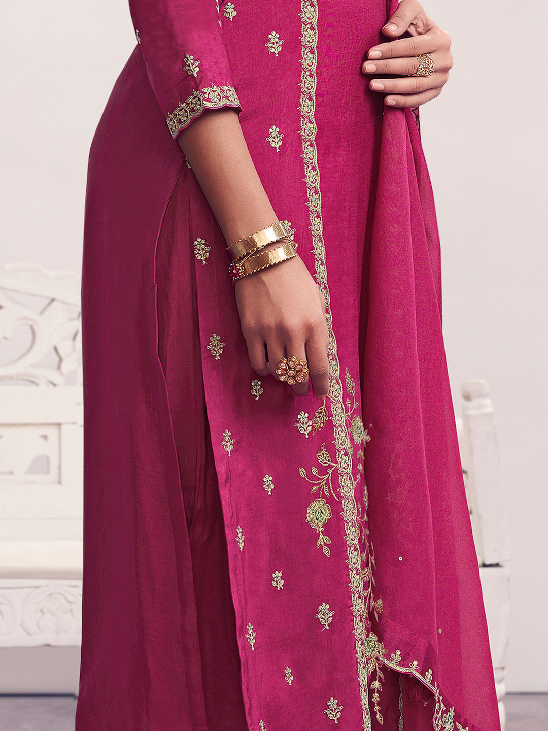 Magenta Embroidery Straight Kurta With Dyed Trousers And Embroidery Dupatta