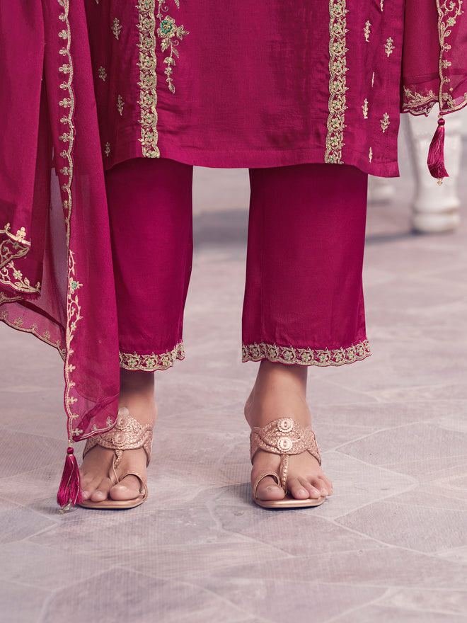 Magenta Panel Embroidery Straight Kurta With Dyed Trousers And Embroidery Boarder Dupatta