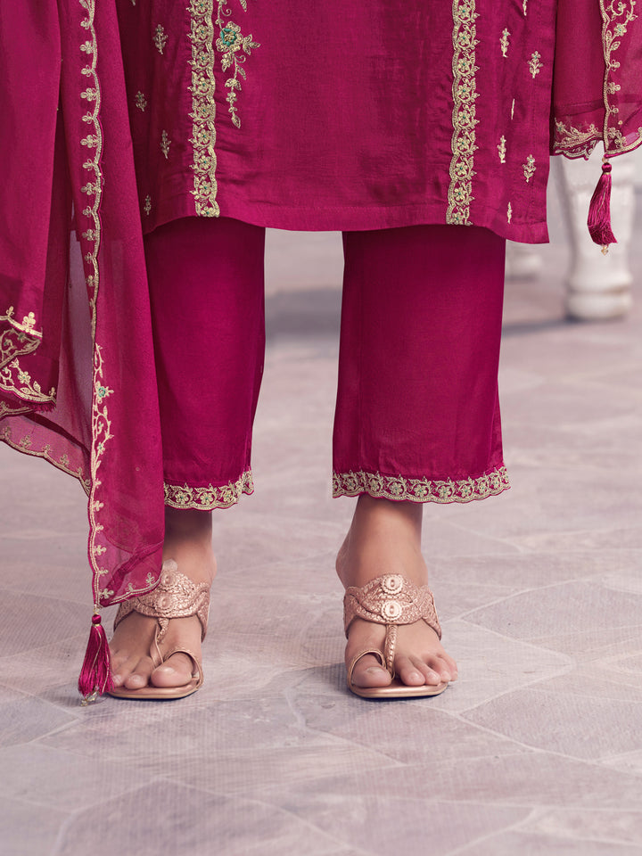 Magenta Panel Embroidery Straight Kurta With Dyed Trousers And Embroidery Boarder Dupatta