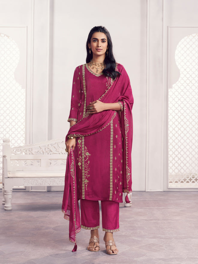 Magenta Panel Embroidery Straight Kurta With Dyed Trousers And Embroidery Boarder Dupatta