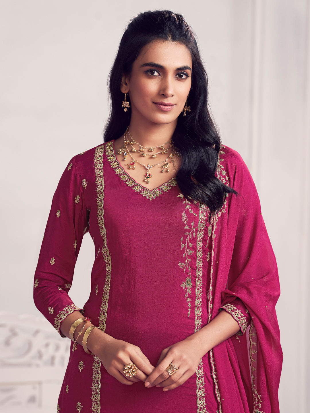 Magenta Panel Embroidery Straight Kurta With Dyed Trousers And Embroidery Boarder Dupatta