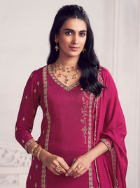 Magenta Panel Embroidery Straight Kurta With Dyed Trousers And Embroidery Boarder Dupatta