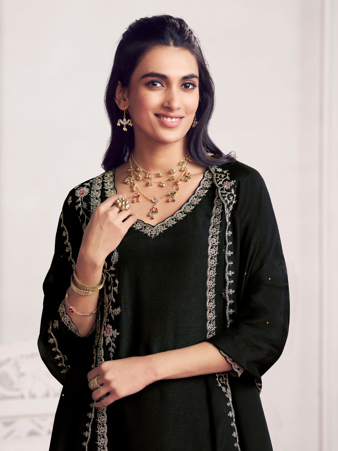 Black Embroidery Straight Kurta With Dyed Trousers And Embroidery Dupatta