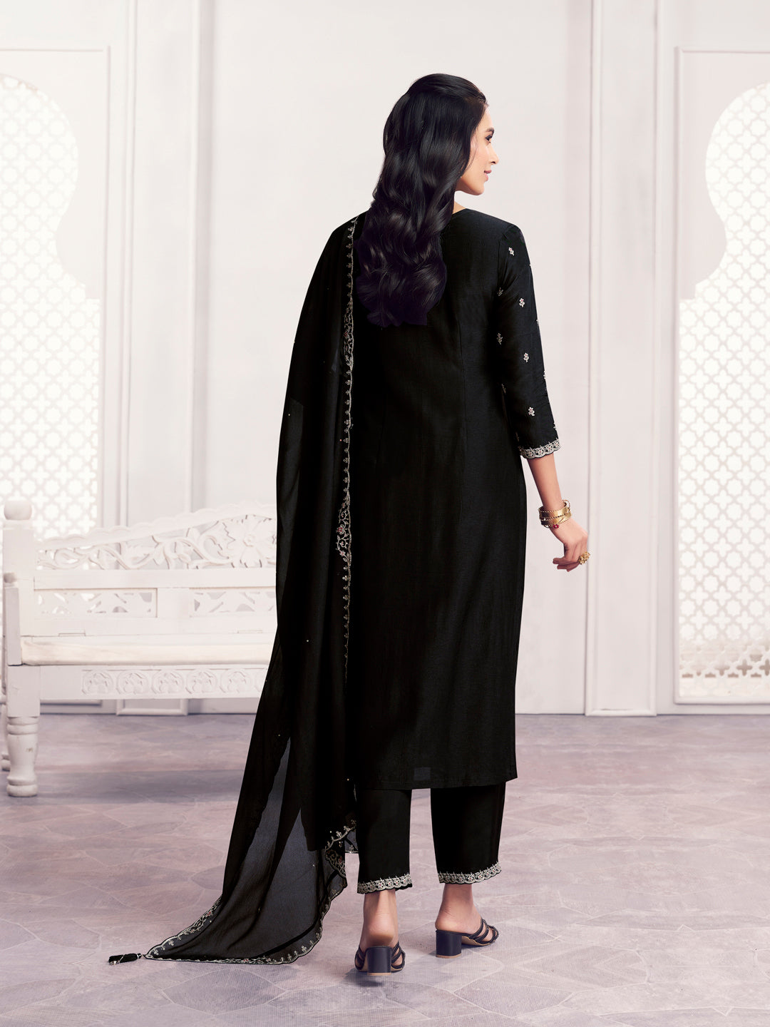 Black Embroidery Straight Kurta With Dyed Trousers And Embroidery Dupatta