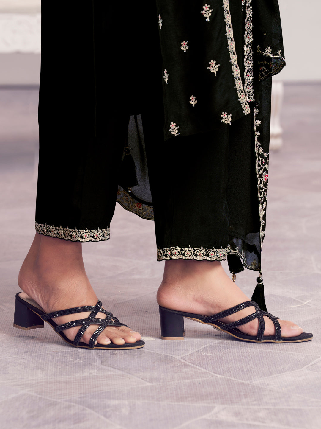 Black Embroidery Straight Kurta With Dyed Trousers And Embroidery Dupatta