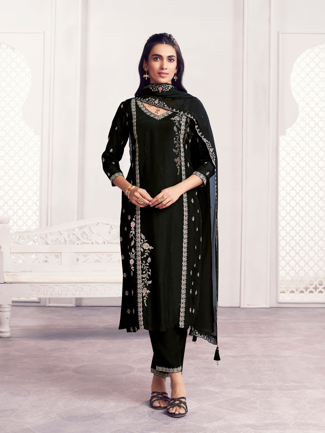 Black Embroidery Straight Kurta With Dyed Trousers And Embroidery Dupatta