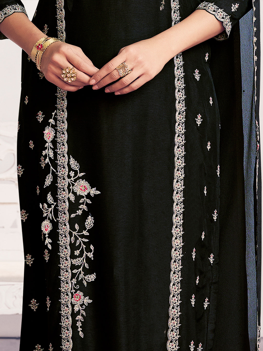 Black Embroidery Straight Kurta With Dyed Trousers And Embroidery Dupatta