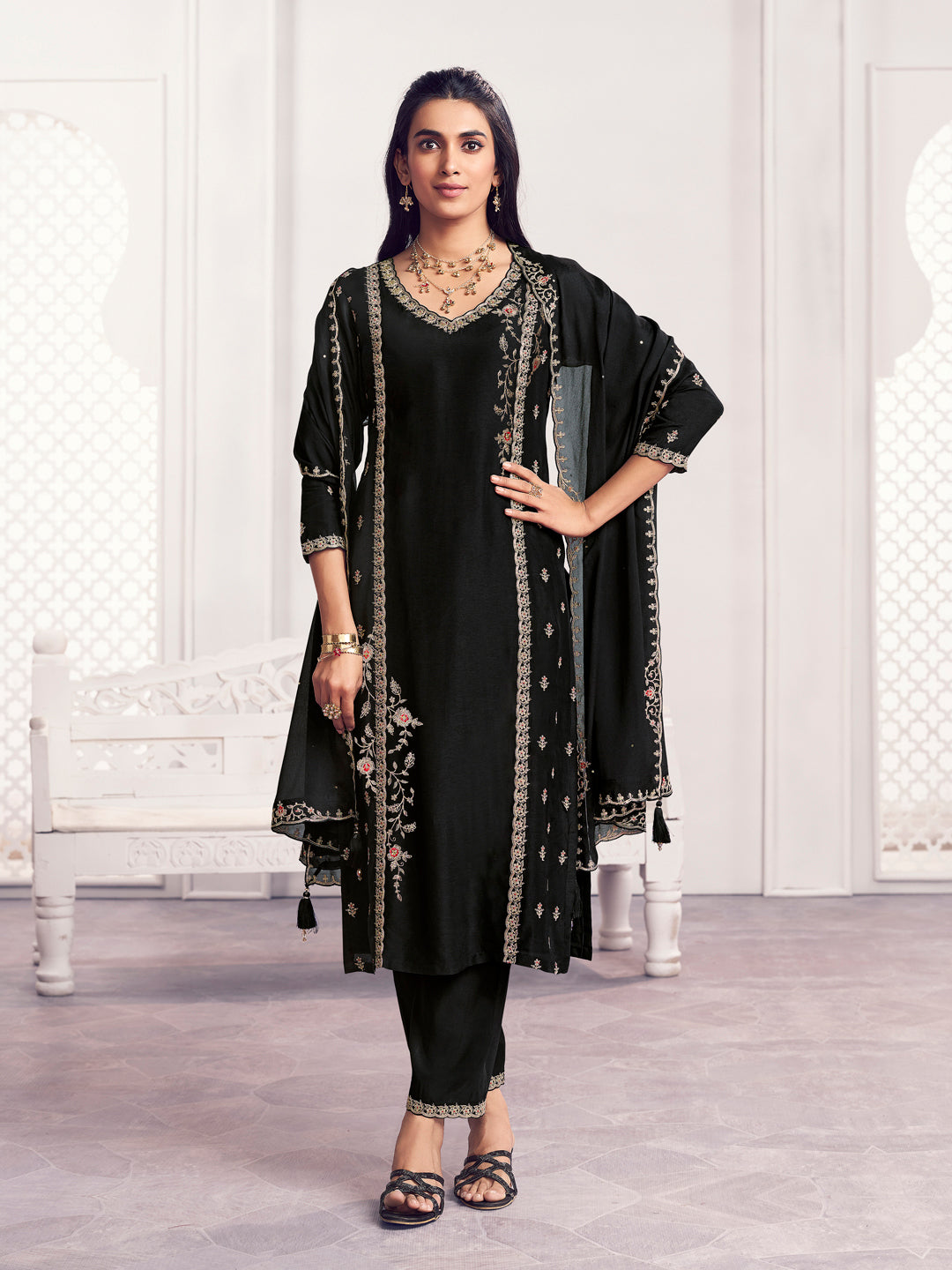 Black Embroidery Straight Kurta With Dyed Trousers And Embroidery Dupatta